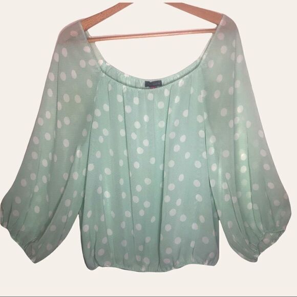 VINCE CAMUTO BLOUSE, Sea Foam Green, White Polka Dots S - Picture 1 of 4